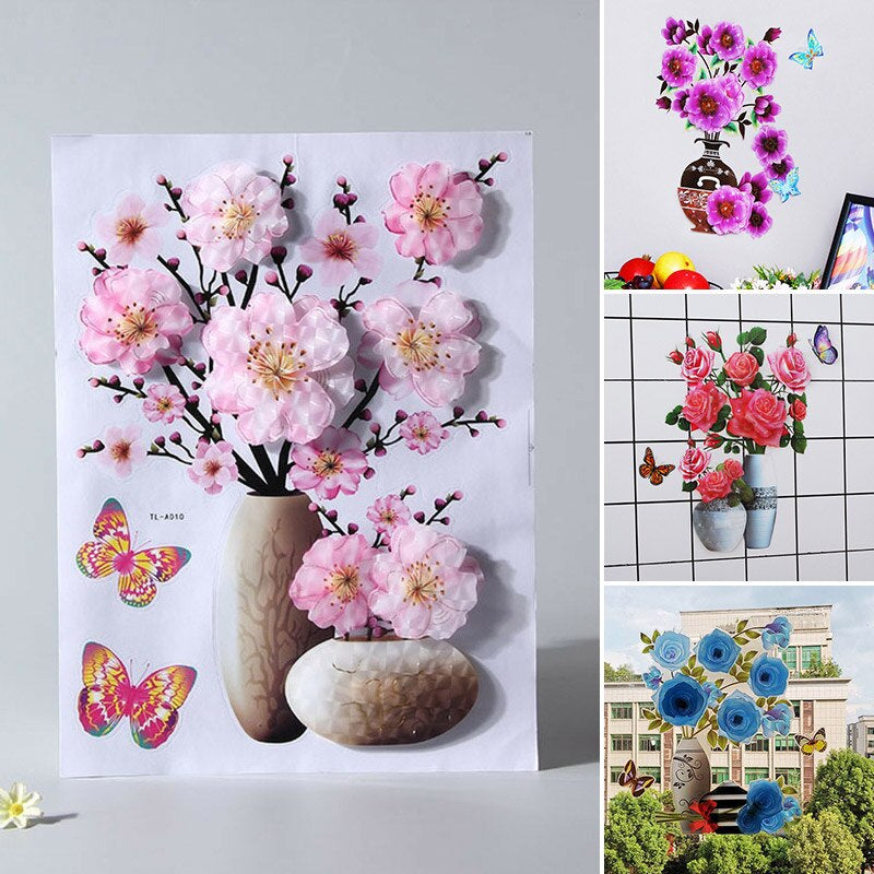 Creative 3D Stereo Stickers Simulation Flower Vase Self-Adhesive Wall Sticker Aesthetic Romantic for House Room Door Fridge