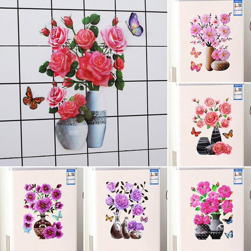 Creative 3D Stereo Stickers Simulation Flower Vase Self-Adhesive Wall Sticker Aesthetic Romantic for House Room Door Fridge