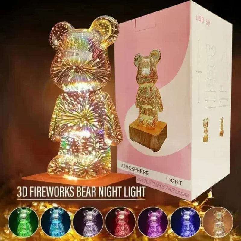 3D Fireworks Bear Lamp Usb Led Night Light Bedroom Decoration Cute Table Desk Projection Atmosphere 7 Color Changeable Kid Gift