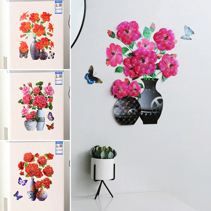 Creative 3D Stereo Stickers Simulation Flower Vase Self-Adhesive Wall Sticker Aesthetic Romantic for House Room Door Fridge