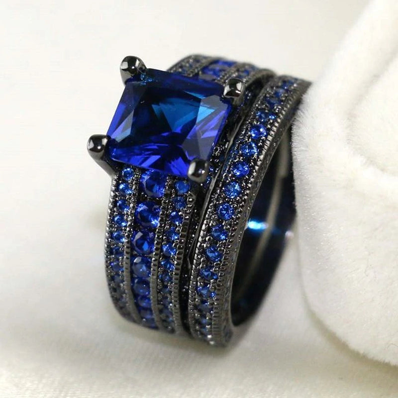 Charm Couple Rings Romantic Blue Rhinestones Women Rings Set Trendy Men'S Stainless Steel Ring Fashion Jewelry for Lover Gifts