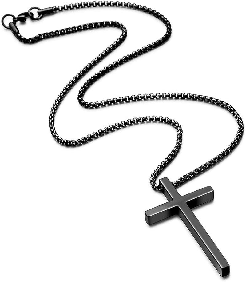 Cross Necklace for Men, Silver Black Gold Stainless Steel Plain Cross Pendant Necklace for Men Box Chain 16-30 Inch