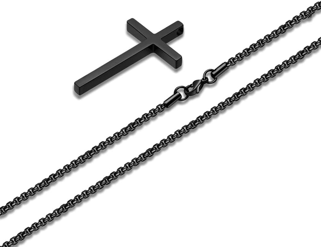 Cross Necklace for Men, Silver Black Gold Stainless Steel Plain Cross Pendant Necklace for Men Box Chain 16-30 Inch