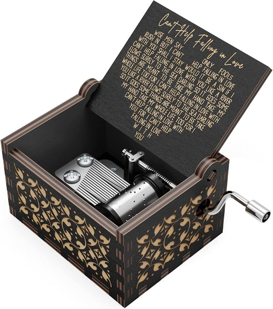 Can'T Help Falling in Love Wood Music Box, Antique Engraved Musical Boxes Case for Birthday Present Kid Toys Hand-Operated (Black)