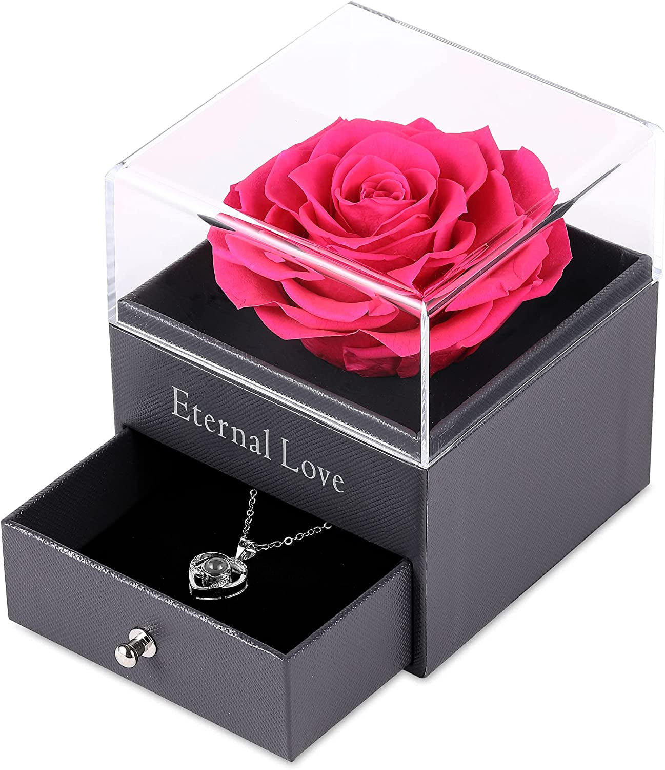 Mothers Day Flower Gifts for Her, Preserved Real Flower Rose with Silver-Tone Heart Necklace I Love You in 100 Languages Gift Set, Enchanted Flower Rose Gifts, Hot Pink