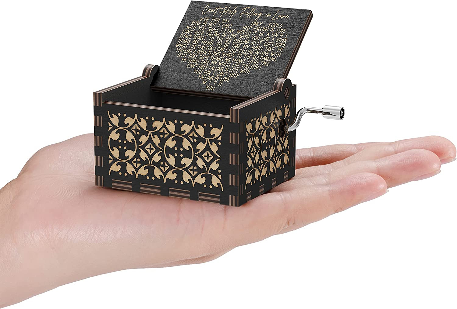 Can'T Help Falling in Love Wood Music Box, Antique Engraved Musical Boxes Case for Birthday Present Kid Toys Hand-Operated (Black)