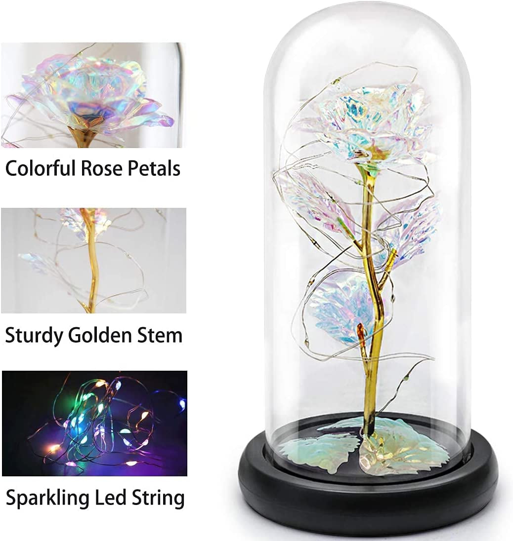 Beauty and the Beast Rose Gift Enchanted Colorful Led Galaxy Crystal Rose Flower Light in Glass Dome, Unique Gifts for Her, Women, Valentine'S Day, Mom, Mother'S Day, Birthday, Christmas