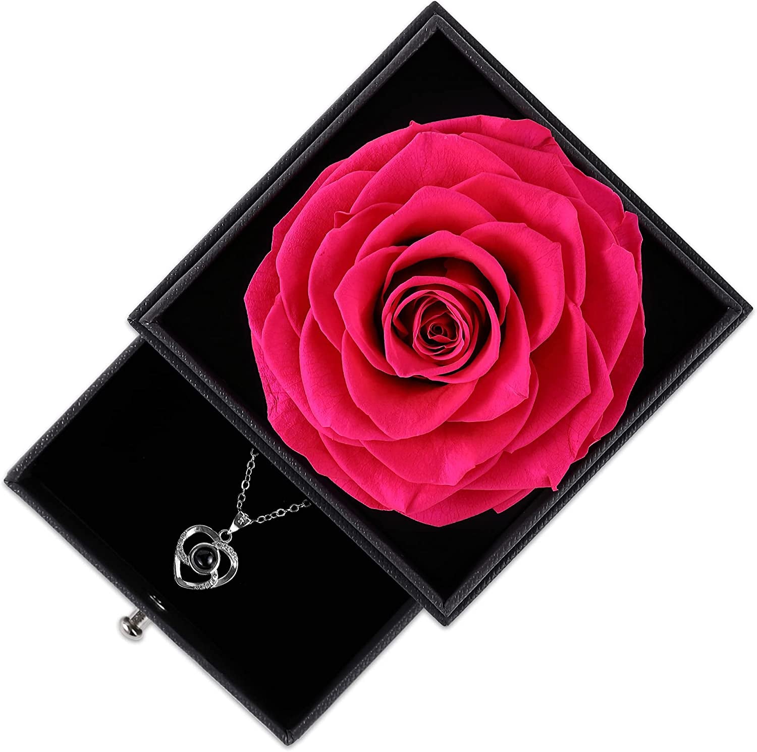 Mothers Day Flower Gifts for Her, Preserved Real Flower Rose with Silver-Tone Heart Necklace I Love You in 100 Languages Gift Set, Enchanted Flower Rose Gifts, Hot Pink