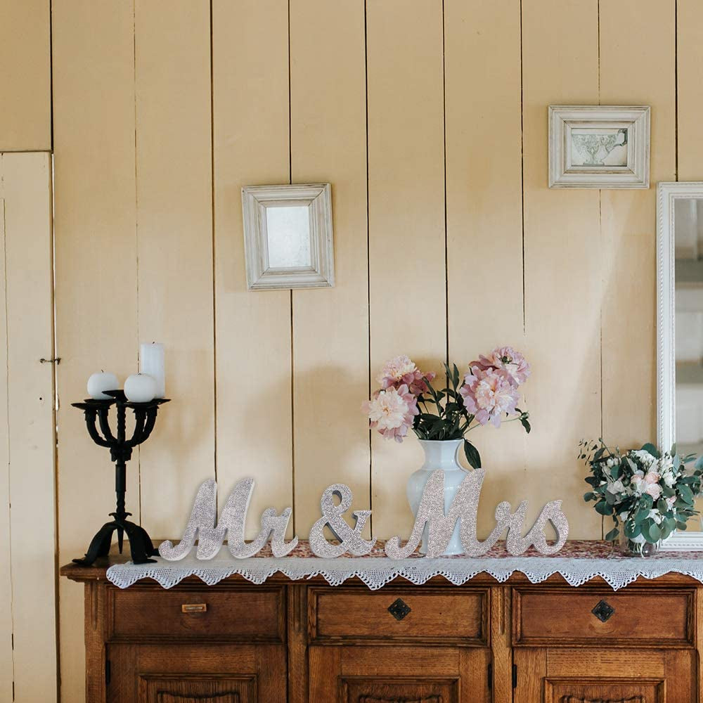 Mr and Mrs Sign Wedding Sweetheart Table Decorations,Mr and Mrs Letters Decorative Letters for Wedding Photo Props Party Banner Decoration，Wedding Shower Gift (Silver Glitter)