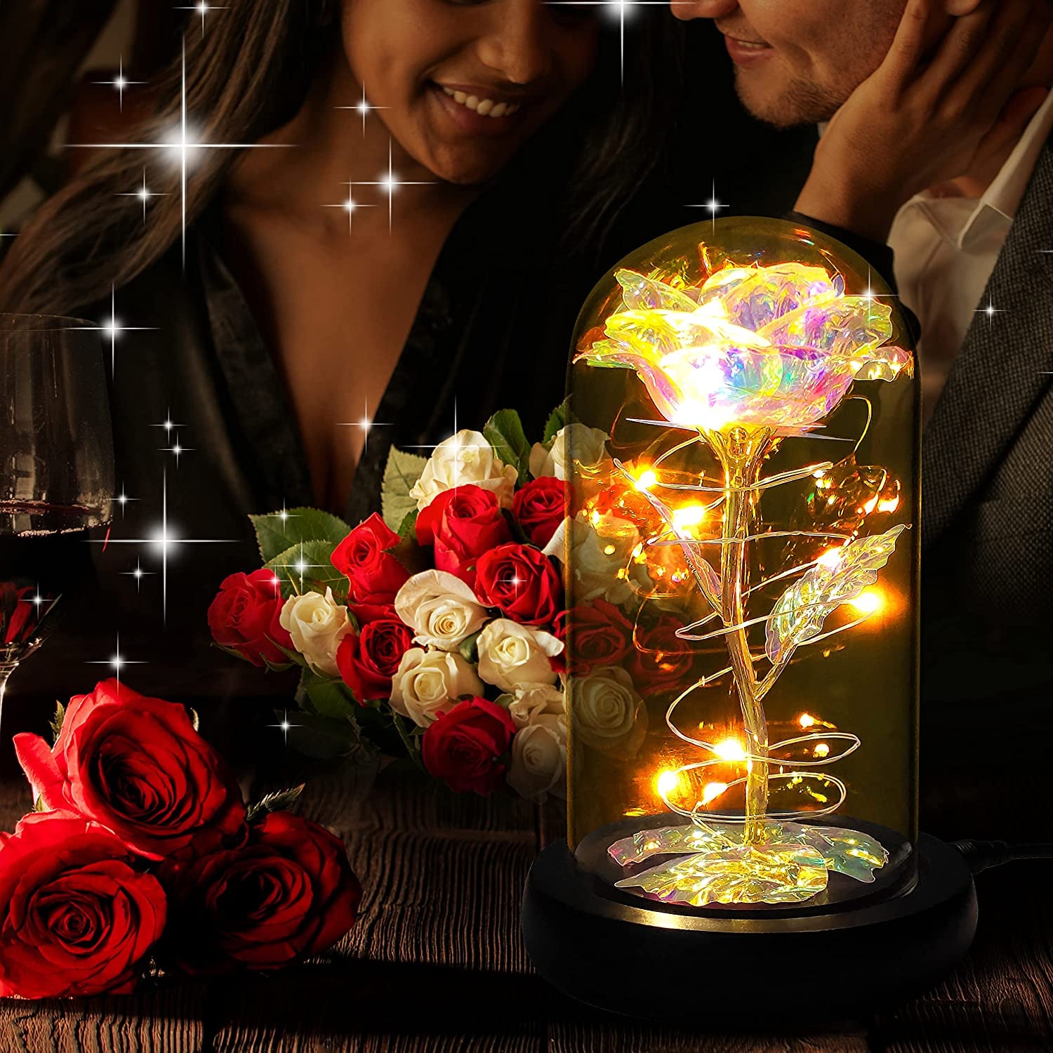 Birthday Gifts for Women,Valentines Day Gifts for Her,Womens Valentines Glass Rose Gifts for Mom,Light up Rose Flowers in Glass Dome,Colorful Rainbow Flower Rose Gifts for Wife,Mom,Girls,Anniversary